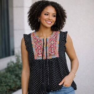 Savannah Jane Polka Dot Embroidered Tunic Top Size Medium Sleeveless Boho Summer